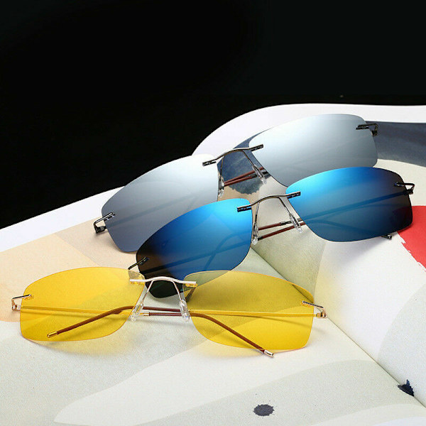 Mens Rimless Sunglasses Polarised Rectangular Driving Shades Flexible UV HFA487