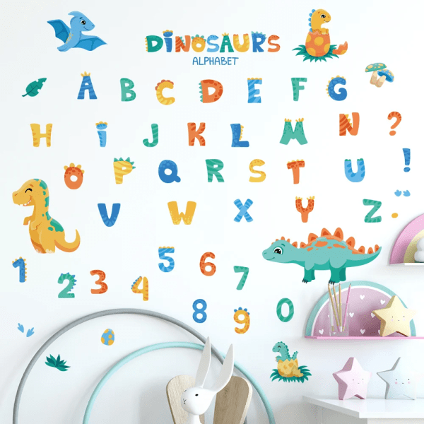 Cartoon Dinosaur Alphabet Removable Wall Stickers Letter Digit for Early education Kindergarten Nursery Kids Baby Room PVC Decal