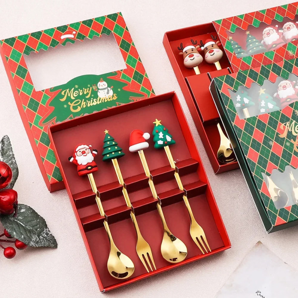 4/6Pcs Christmas Spoon Fork Set Elk Christmas Tree Tableware Stainless Steel Coffee Tea Dessert Spoon Dinnerware Xmas Decor Gift