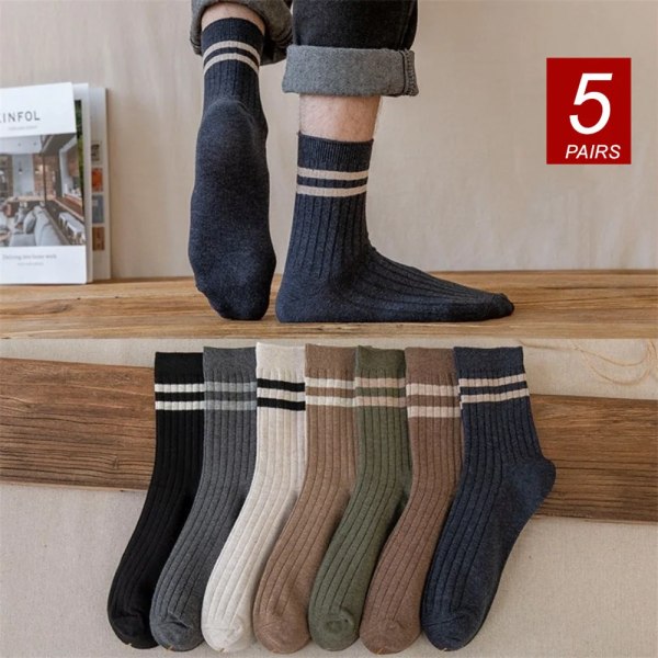 5 Pairs Striped Winter Socks Men 100% Cotton High Quality Mid Tube Business Socks Autumn Winter for Male Female Thermal