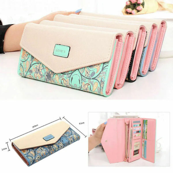 High Capacity Womens Ladies Envelope Leather Wallet Card Button Clutch Purse Long Clutch Wallets Money Bag