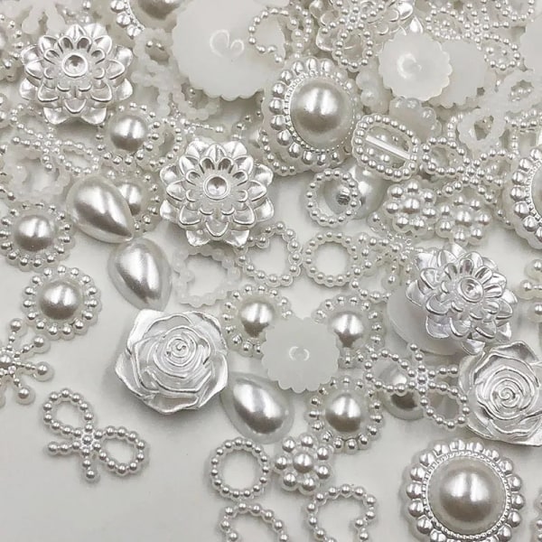100pcs white ABS Resin Half Round flower Bow Alien Pearls For Art Flatback Non Hotfix Rhinestones Pearl Shoes Beads DIY Phone