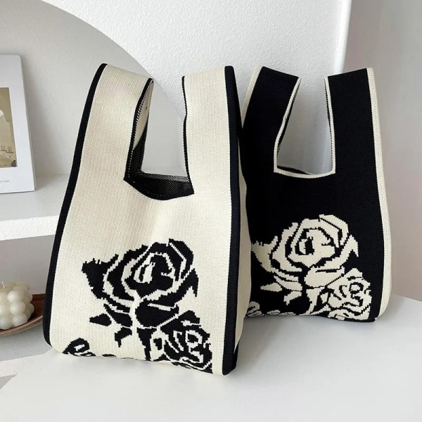 Handmade Knit Handbag Women Mini Knot Wrist-bag Female Casual Color Wide Stripe Plaid Tote Bag Student Reusable Shopping Bag