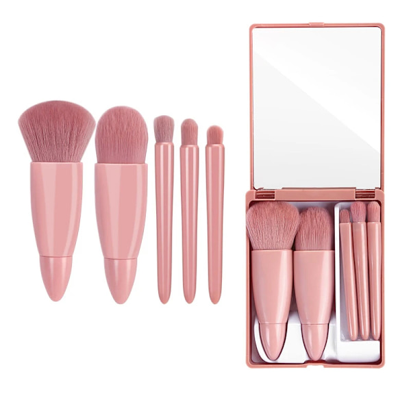 Makeup Brushes Set Portable 5Pcs Multi-Function Set With Mirror Soft Hair Loose Powder Brush Blush Foundation Eye Shadow Brush