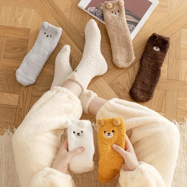 Women Winter Warm Fluffy Socks Home Floor Sleep Kawaii 3D Bear Cute Animal Thick Fleece Fuzzy Sock Japanese Fashion Korean Style
