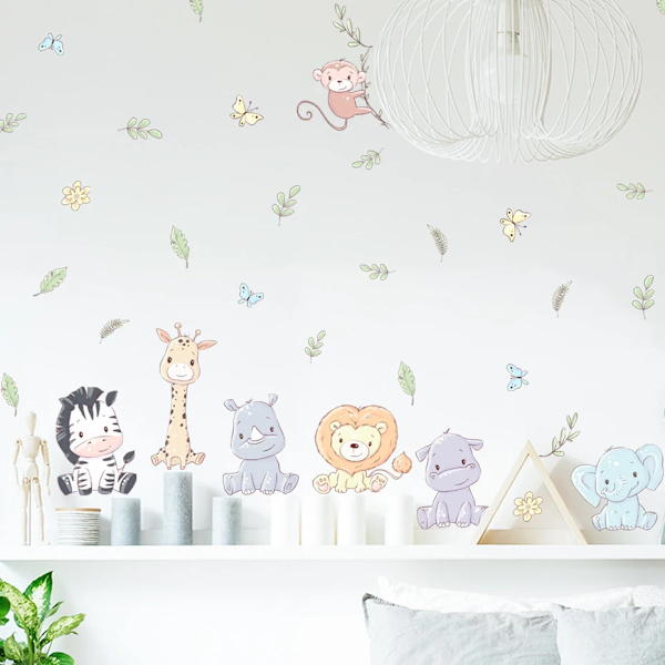 Cartoon Lion Elephant Leaves Animal Nursery Wall Decals Removable DIY Vinyl Wall Stickers Kids Baby Room Interior Home Decor