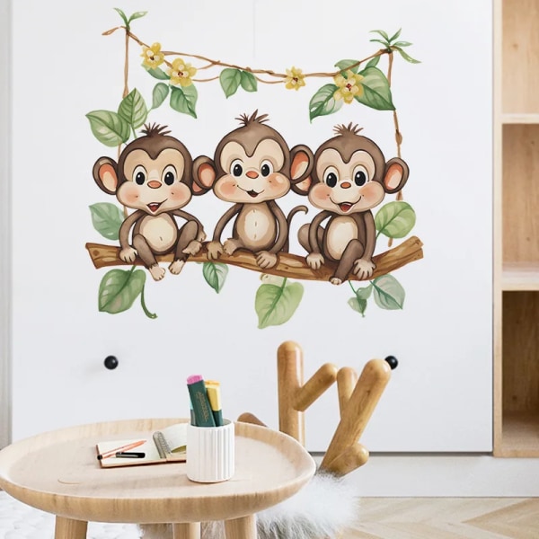 Cute Monkeys on The Branch Wall Stickers for Kids Rooms Nursery Decals Boys Baby Room Decoration Cartoon Monkey Vinyl Door Mural