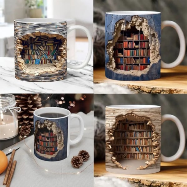 Creative Space Design Multi-Purpose Mugs 3D Bookshelf Mug A Library Shelf Cup,3D Book Lovers Coffee Mug 3D White Mug