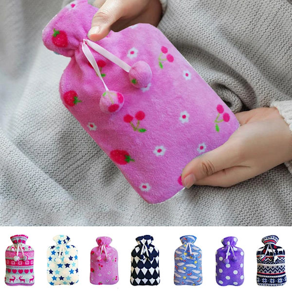 2L Cartoon Hot Water Bottle Cover Skin Case Natural Rubber Fluffy Cover Faux Fur Warm Winter Large Pompom Winter Supplies
