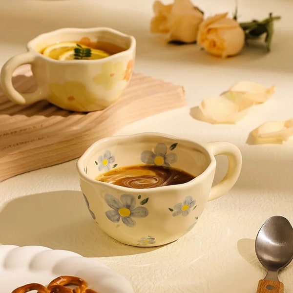 GIANXI Ceramic Mugs Hand Pinched Irregular Flower Sculpt Coffee Cups Ins Korean Style Oatmeal Breakfast Cup Drinkware