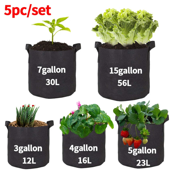5pcs 3/4/5/7 Gallon Grow Bags Fabric Felt Planter Flower Planting Pots Garden Vegetable Tomato Potato Plant Pot Container Pouch