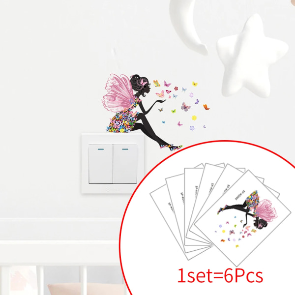 6 Pcs Creative Butterfly Girl Switch Sticker Cartoon Switch Decoration Wall Sticker Self adhesive PVC Removable Sticker