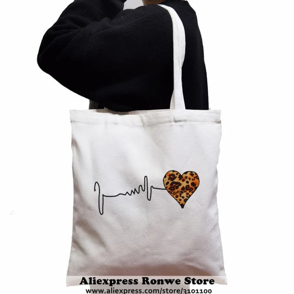 Leopard Heartbeat Large-capacity Women Shopping Canvas Tote Bag Girl Reusable Eco Shoulder Student Black Handbags