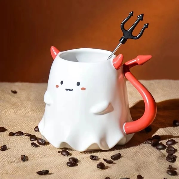 Ceramic Cup Halloween Little Elf Demon Tail with Stirrer Mug Table Top Coffee Cup Gift