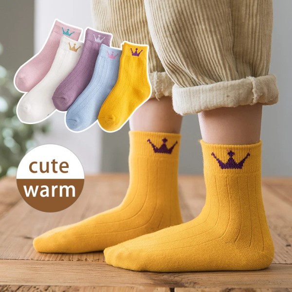 Kids Socks Girl Boy Fall Winter Thick Warm Cute Cartoon Baby 1-12Y Cotton Medium Tube Terry Socks 5 Pairs For Children