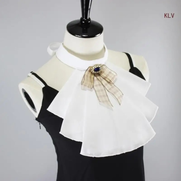 Womens Victorian Detachable Jabot Necktie with Checked Bowknot Steampunk Layered Ruffled Fake Collar Shirt Front Neckwear