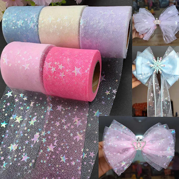 5Yards/lot Sky Blue Bronzing Star Mesh Fabric Handmade Princess Hair Bow Supplies Hair Accessories DIY Craft Applique 6cm 12cm