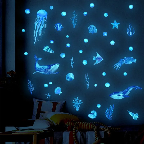 Luminous Fish Octopus Wall Stickers Underwater World Decal Glow In The Dark Stickers For Kids Rooms Kindergarten Wall Decoration