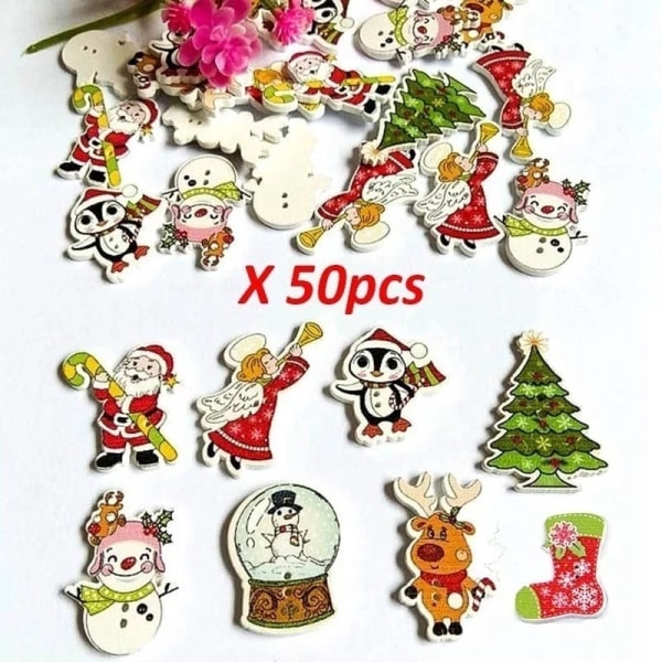 50Pcs/Bag 2-Holes Cartoon Buckle Mix Christmas Star Candles Santa Sock Craft Sewing DIY Materials Buttons