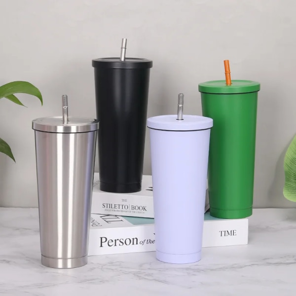 New Hot Sale 750ML 304Stainless Steel Straw Cup Large Capacity Vacuum Solid Color Coffee Mug Tumbler Cup