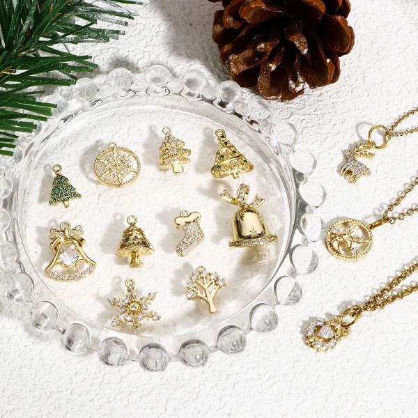 1pc Copper Christmas Charms Gold Color Christmas Tree Elk Snowman Rhinestone Pendant DIY Necklace Earrings For Women Jewelry