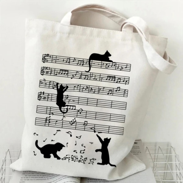 Musical Symbols Cat Tote Bag Kawaii Cartoon Shopper Handbag Fashion Canvas for Women Girls Graphic Shopper Climbing Cat Tote Bag