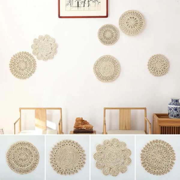 Natural Straw Round HandWoven Placemat Coasters Heat-Resistant Non-slip Dining Table Mats Bohemia Hanging Wall Ornament Decor