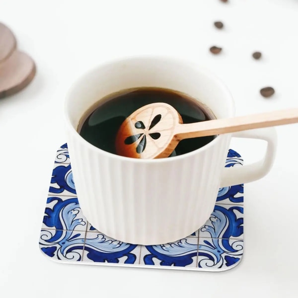 Lisbon Blue Azulejo Tile Floral Coaster Coffee Mat Leather Placemat Cup Tableware Decoration & Accessories Pads for Home Kitchen