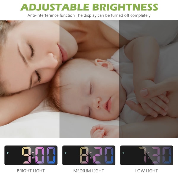 Digital alarm clock, color LED, electronic clock, USB/battery powered 3 adjustable brightness, 5 mode voice control reusable
