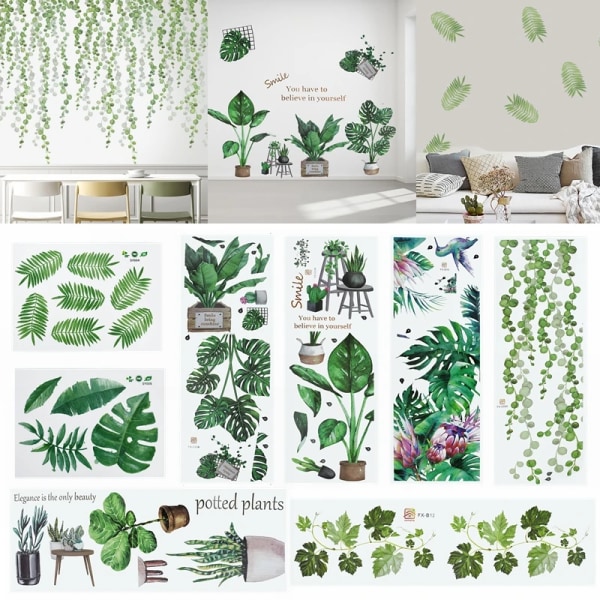 Removable Tropical Leaves Flowers Wall Stickers Home Living Room Decorative Green Leaves Plants DIY Sticker Wallpaper Supplies 7