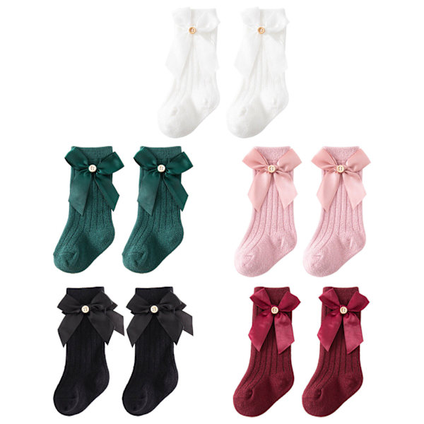 5pairs Colorful Baby Knee High Socks Toddlers Tube Ruffled Bow Stockings Infant Princes (M)