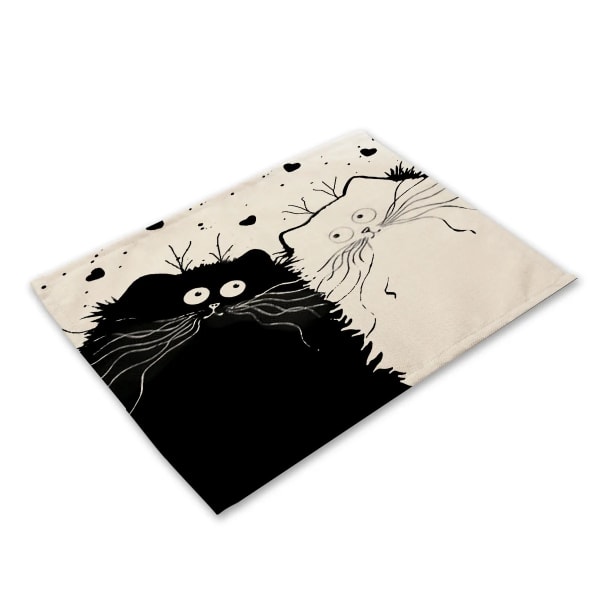 42*32cm Cute Black Cat Pattern Kitchen Placemat Dining Table Mats Drink Coasters Western Pad Cotton Linen Cup Mat Home Decor