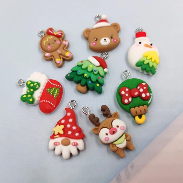 10pcs Cute Christmas Earring Resin Charms DIY Flatback Animal Bear Tree Deer Gingerbread Man Girl Pendants For Jewelry Making