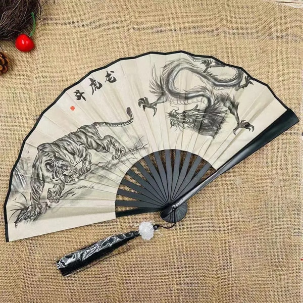 Retro Dragon Folding Fan National Style Man Woman Hanfu Retro Portable Durable Double-sided Pattern Silk Cloth Fan 8 Inch