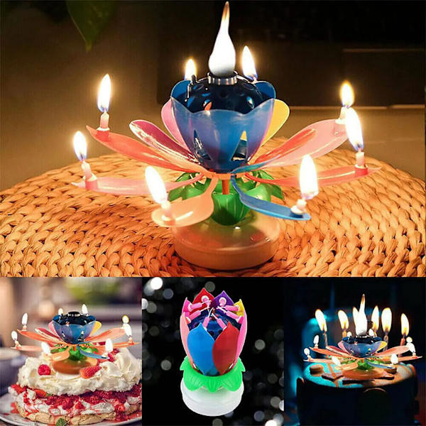 Innovative Party Cake Candle Musical Rotating Lotus Flower Candle Light Happy Birthday DIY Cake Decoration Wedding Party Gifts