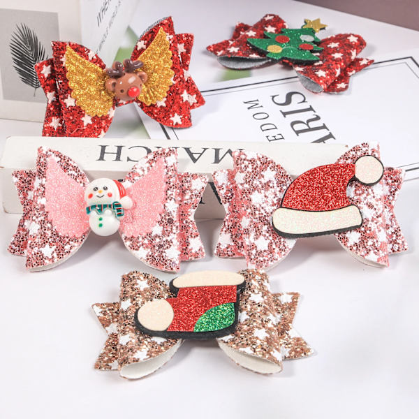 8PC Cute Star Hair Bows Clips 3inch Glitter Christmas Bows Hairpins Children Kids Party Hair Accessories