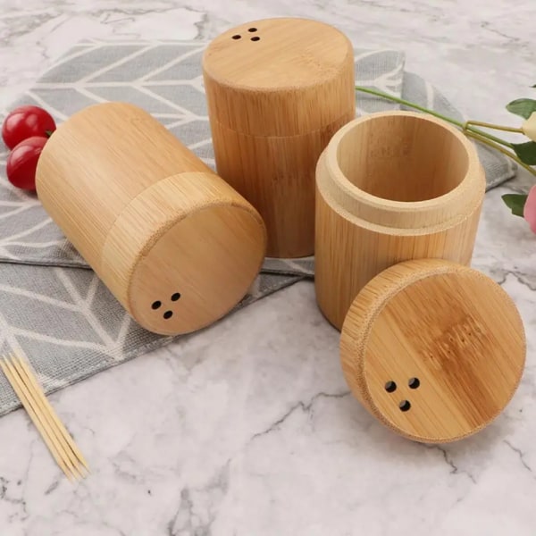 Toothpick Storage Box Portable Dustproof Bamboo Large Capacity Round Tooth Pick Holder Dispenser for Hotel Kitchen Accessories