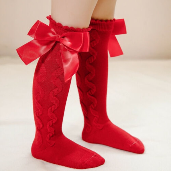 Toddler Baby Girls Knee High Long Socks Spanish Ribbon Bow Cotton Soft Stockings