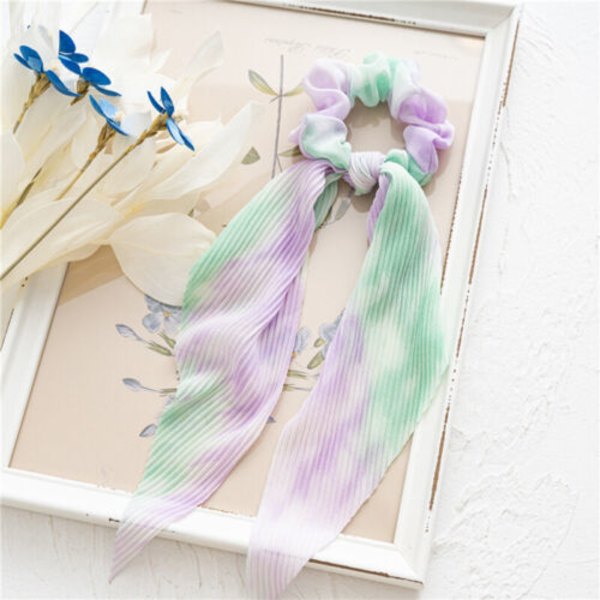 Gradient Elastic Hair Band Bow Long Ribbon Ponytail Scarf Tie Soft Pleated Sweet