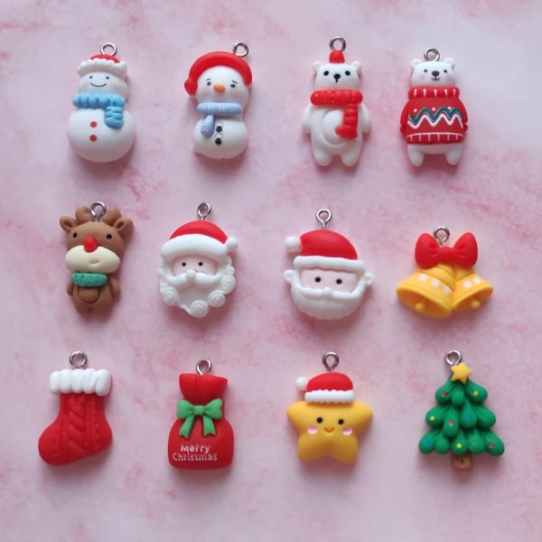 12Pcs Cute Santa Snowman Bear Charms Christmas Series Pendants Flatback Resin DIY Jewelry Bracelet Earring Necklace Making Craft