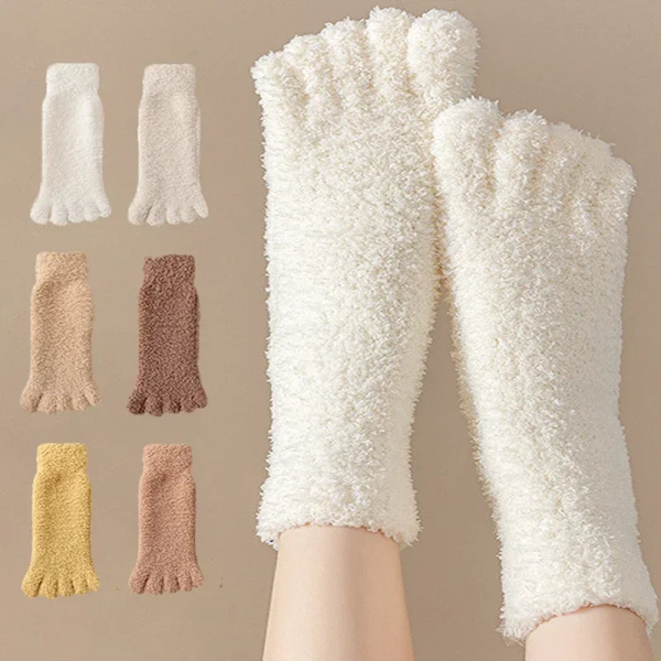Warm Fuzzy Five Toe Sock Women's Winter Soft Fluffy Cozy Thick Thermal Coral Fleece Crew Sock Casual Home Daily Use Sleep Sox