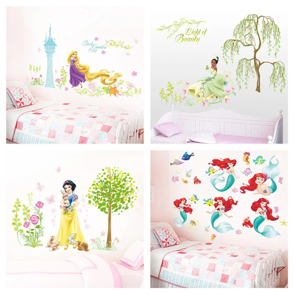Cartoon Snow White Tiana Princess's Flowers Garden Wall Stickers For Kids Room Decoration Diy Anime Mural Art Girl's Wall Decals