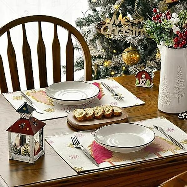Pink Christmas Tree Let It Snow Snowflake Winter Placemats Set of 4 12x18 Inch Table Mats for Party Kitchen Dining Decoration