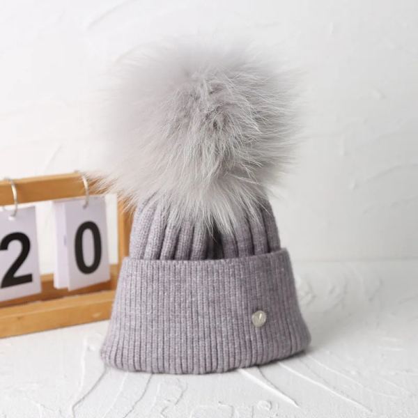 Natural fox Pom Pom Beanies Winter Hat Children Women mink Fur Pompoms Kids Girls Knitted Hat Fashion Ear Protection Wool Hat