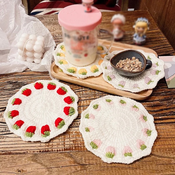 Strawberry Yarn Insulation Cup Pad Woven Love Round Tableware Placemats Dish Table Mat Drinking Coasters Desktop Decorations