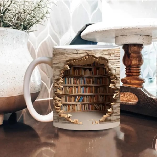 Creative Space Design Multi-Purpose Mugs 3D Bookshelf Mug A Library Shelf Cup,3D Book Lovers Coffee Mug 3D White Mug