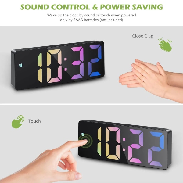 Digital alarm clock, color LED, electronic clock, USB/battery powered 3 adjustable brightness, 5 mode voice control reusable
