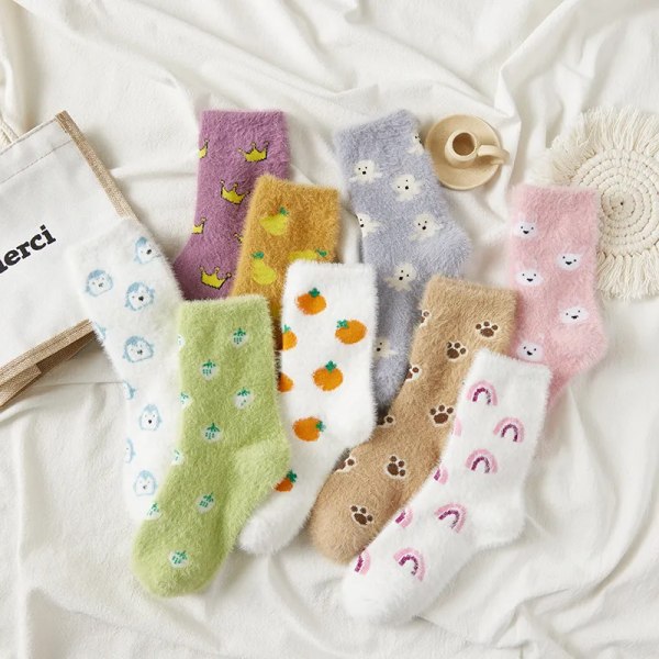 Women Thermal Fluffy Socks Autumn-Winter Snow Socks Girls Ins Fashion Pattern Warm  Color Crew Socks Ladies Floor Sleep Socks