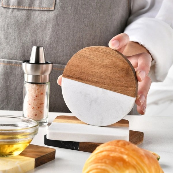 Marble Coaster Wood Stitching Coaster Coffee Tea Coaster Square Round Tea Cup Placemat Home Desktop Decoration Ornament KXRE