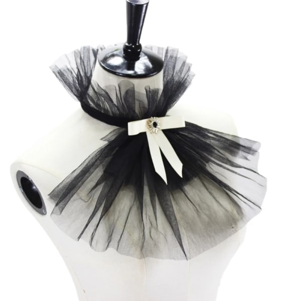 652F Ruffle Mesh Fake Collar Jabot Necktie with Bowknot Steampunk Costume Accesories